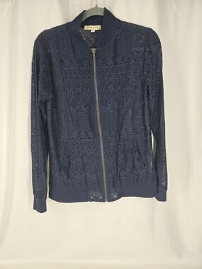 living doll Navy Blue Lace Zip-Front Bomber Jacket